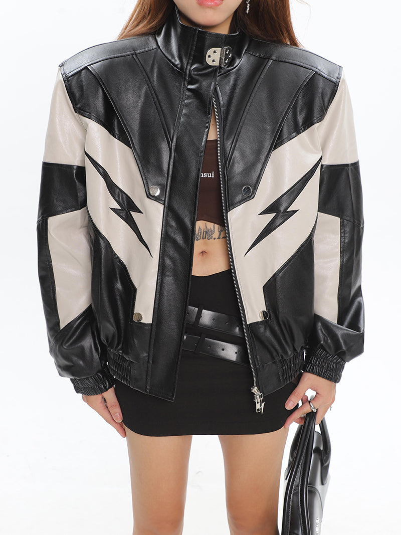 Lightning Bolt Pu Leather Patchwork Zip Up Jacket