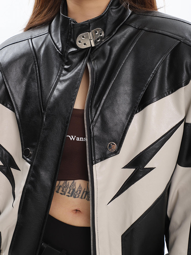 Lightning Bolt Pu Leather Patchwork Zip Up Jacket