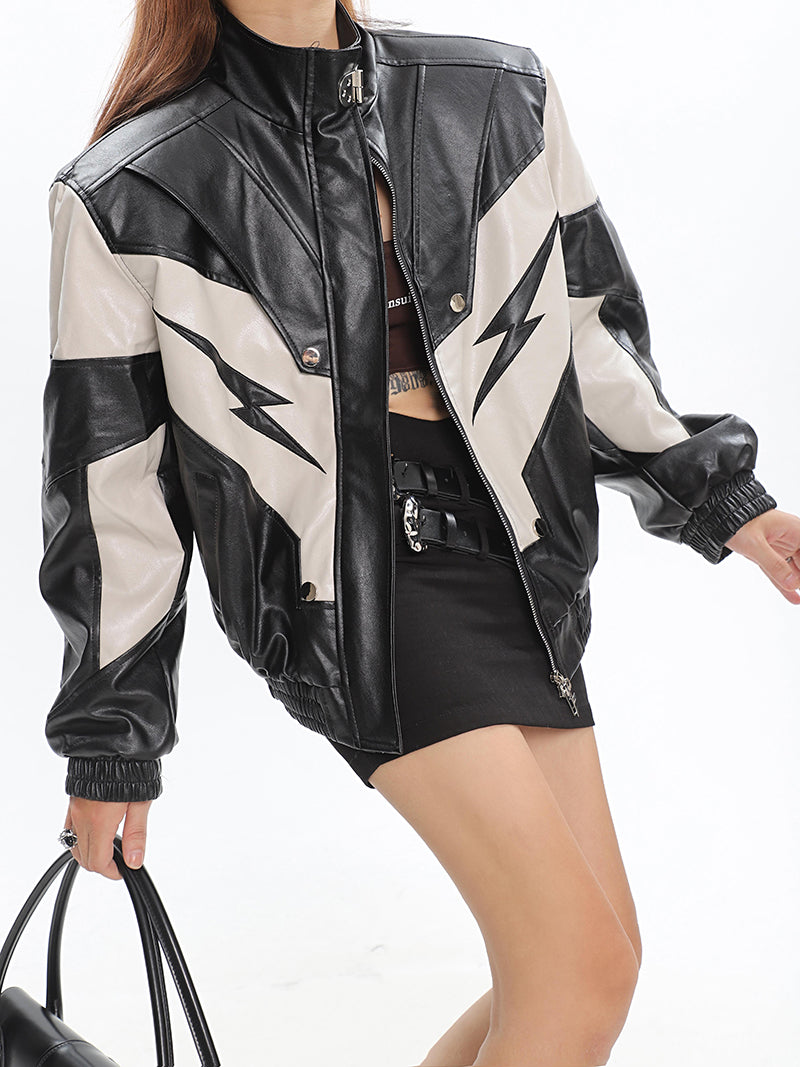 Lightning Bolt Pu Leather Patchwork Zip Up Jacket