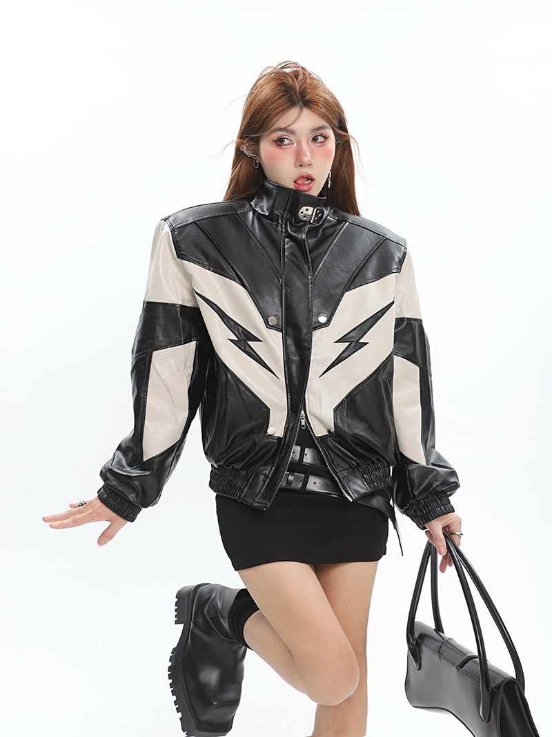 Lightning Bolt Pu Leather Patchwork Zip Up Jacket