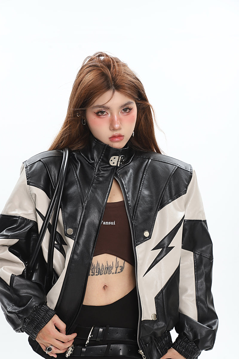 Lightning Bolt Pu Leather Patchwork Zip Up Jacket