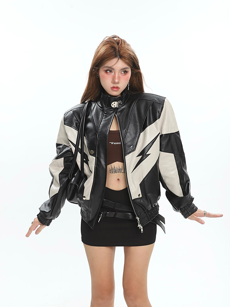 Lightning Bolt Pu Leather Patchwork Zip Up Jacket