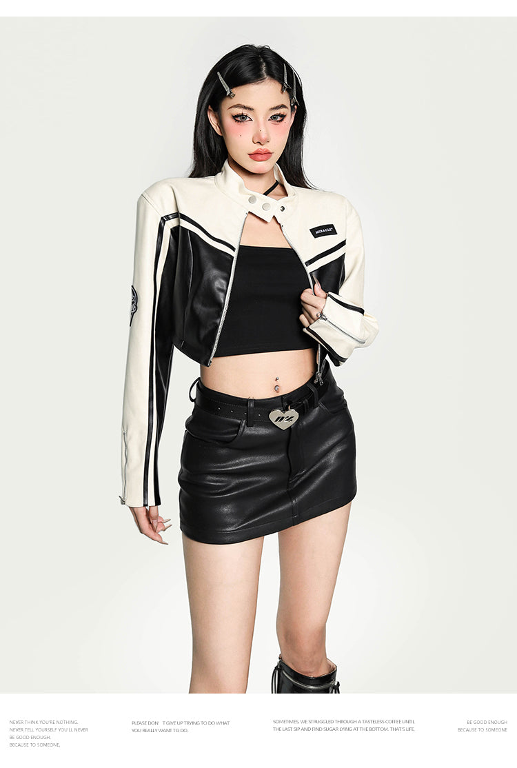 Arabella Abstract Color Design Pu Leather Cropped Zip Up Jacket