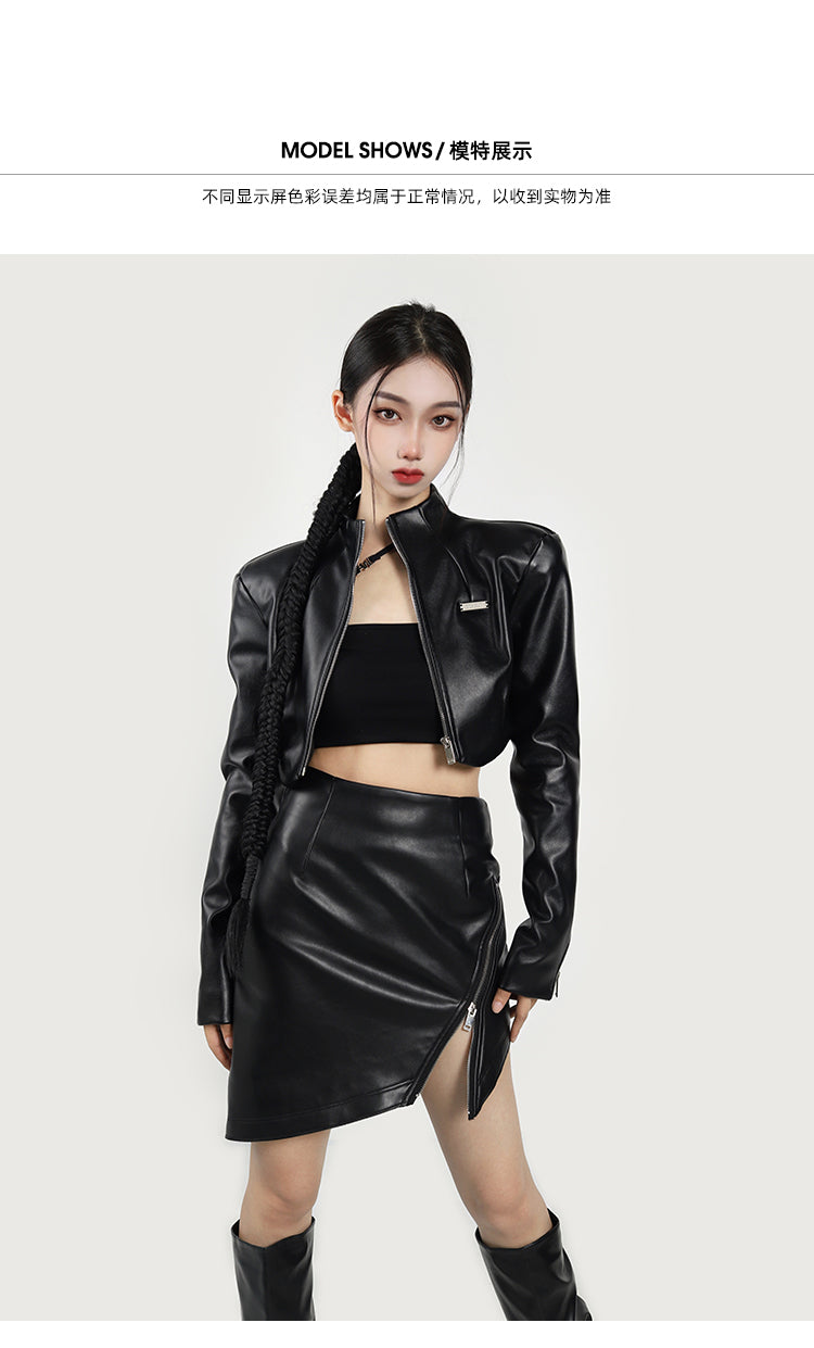 Kierra Solid Color Cropped Turtleneck Jacket Side Zip Up Slit Mini Skirt Matching Set