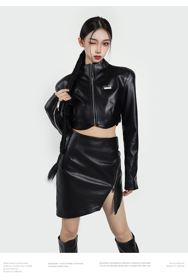 Kierra Solid Color Cropped Turtleneck Jacket Side Zip Up Slit Mini Skirt Matching Set