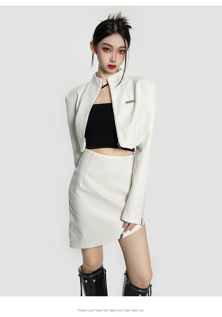 Kierra Solid Color Cropped Turtleneck Jacket Side Zip Up Slit Mini Skirt Matching Set