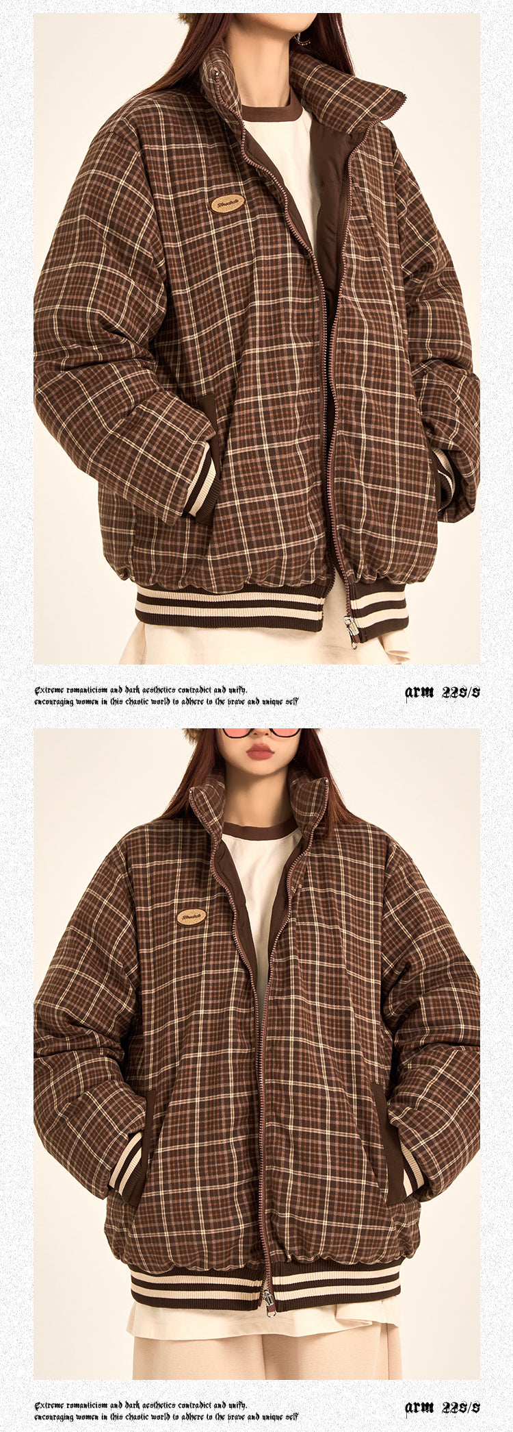 Lillie Brown Plaid Long Sleeve Zip Up Turtleneck Bomber Jacket