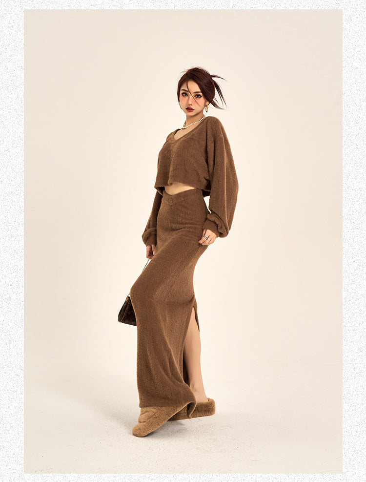 Courtney Solid Color Brown Long Sleeve Cropped Sweater V Waist Long Skirt Matching Set