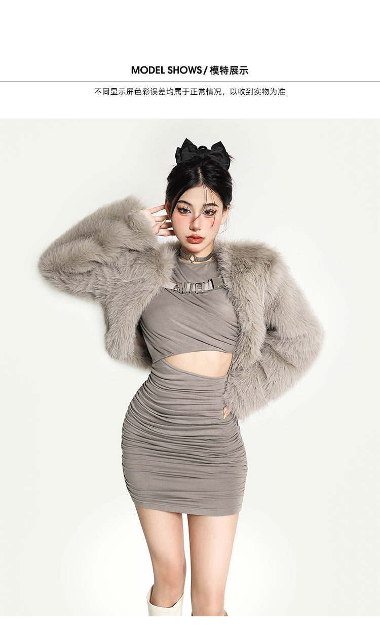 Shaylee Solid Color Faux Fur Long Sleeve Cropped Jacket