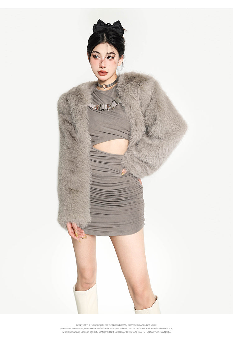 Shaylee Solid Color Faux Fur Long Sleeve Cropped Jacket