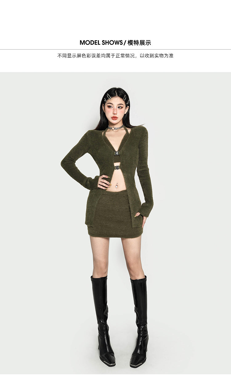 Alisson Solid Color Dark Green Three Piece Top Cardigan Mini Skirt Matching Set