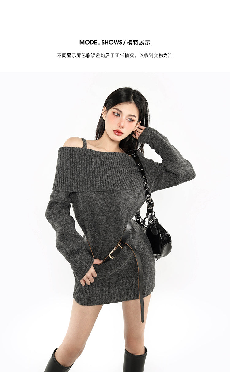 Layla Grey Off The Shoulder Long Sleeve Sweater Mini Dress