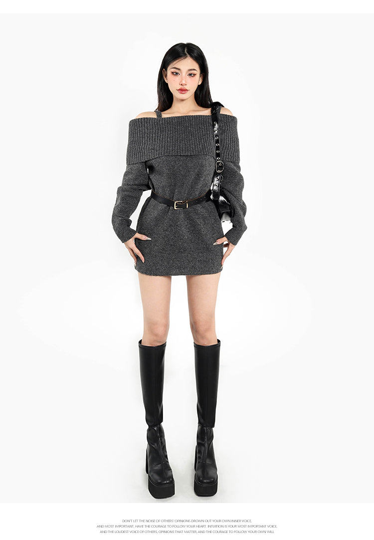 Layla Grey Off The Shoulder Long Sleeve Sweater Mini Dress