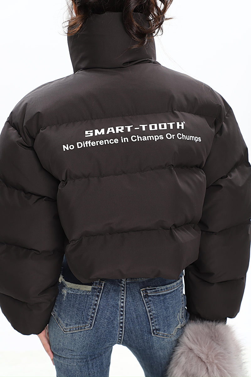 SMART-TOOTH Graphic Letter Print Solid Color Puffer Long Sleeve Cropped Zip Up Jacket