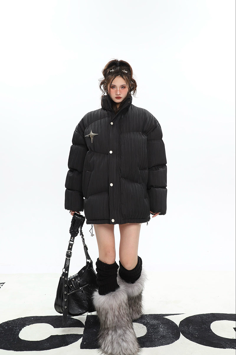 Twinkle Star Solid Color Long Sleeve Puffer Jacket