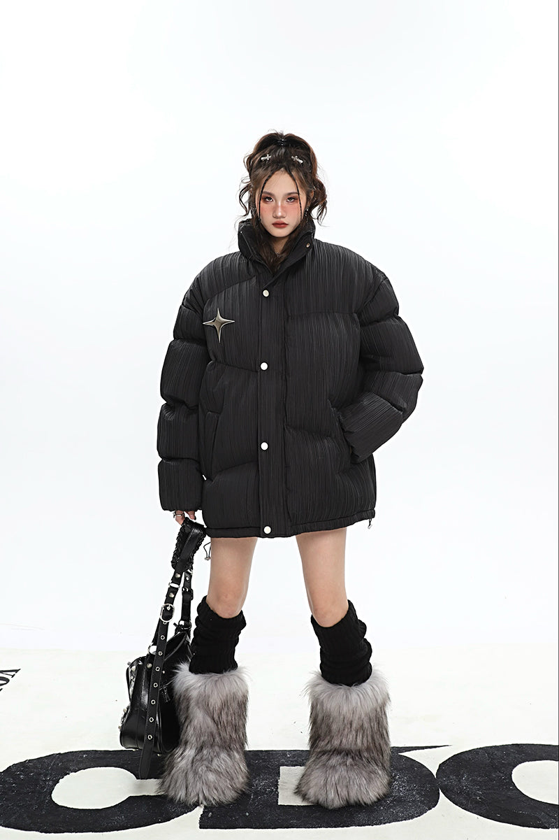 Twinkle Star Solid Color Long Sleeve Puffer Jacket