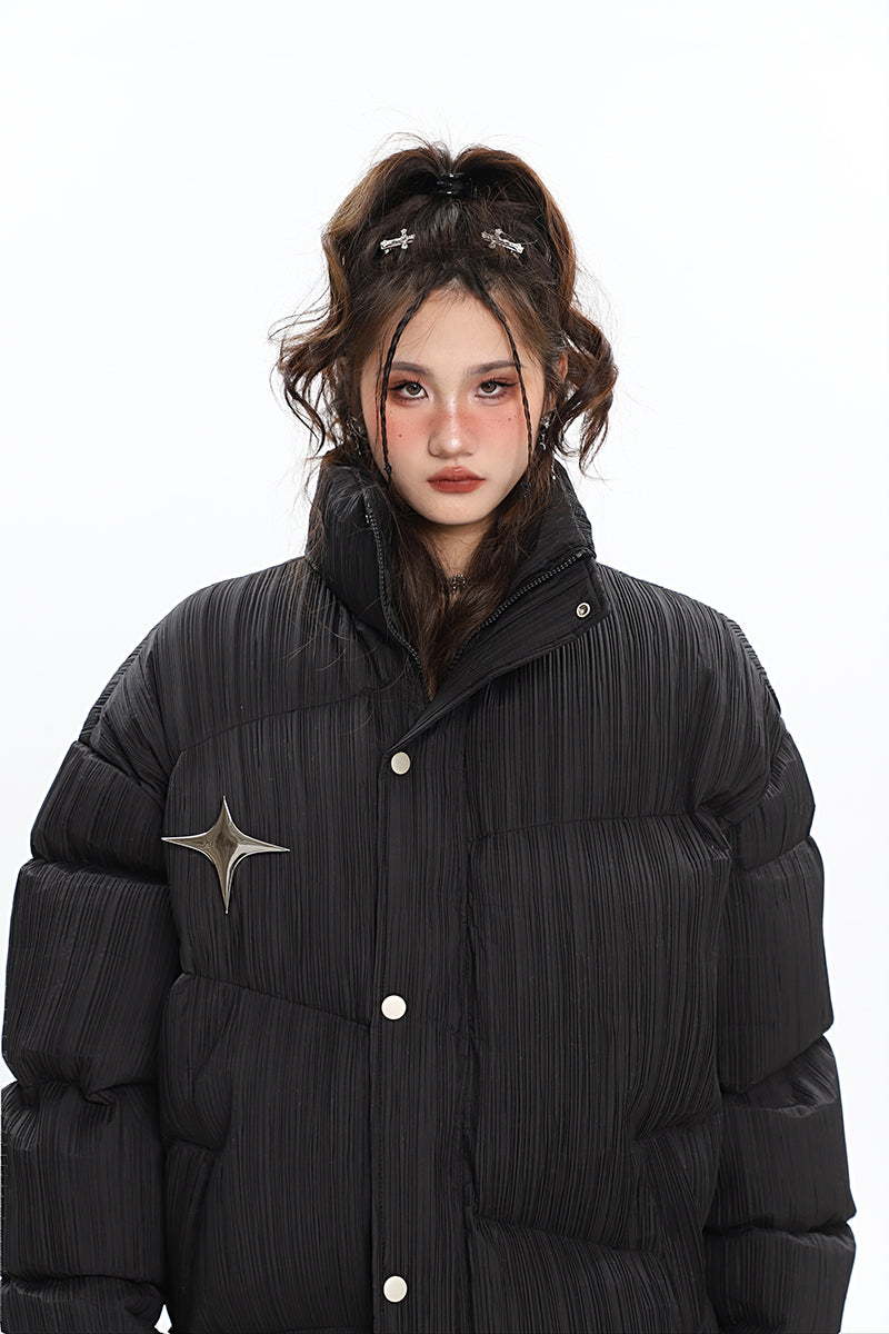 Twinkle Star Solid Color Long Sleeve Puffer Jacket