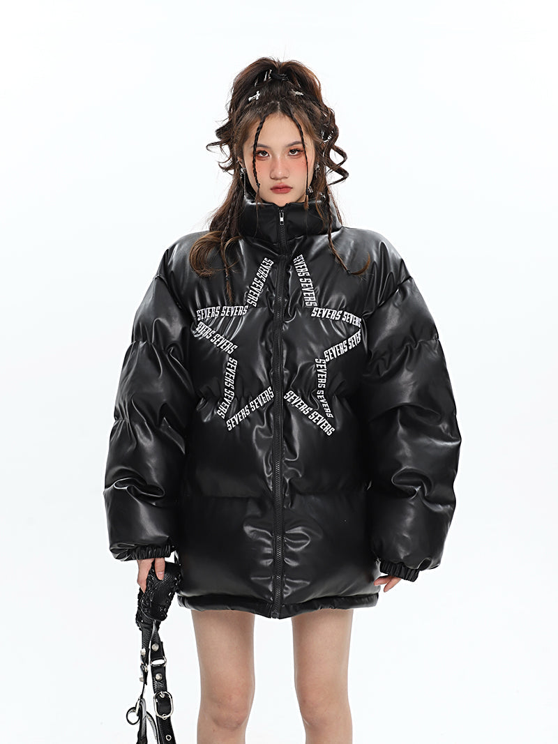 SEVERS Star Graphic Letter Print Solid Color Turtleneck Long Sleeve Puffer Zip Up Sleeve Jacket