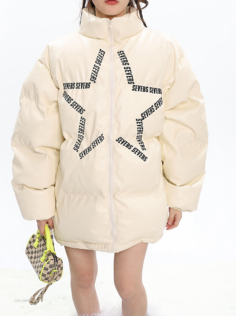 SEVERS Star Graphic Letter Print Solid Color Turtleneck Long Sleeve Puffer Zip Up Sleeve Jacket