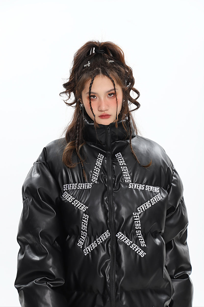 SEVERS Star Graphic Letter Print Solid Color Turtleneck Long Sleeve Puffer Zip Up Sleeve Jacket