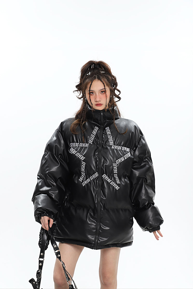 SEVERS Star Graphic Letter Print Solid Color Turtleneck Long Sleeve Puffer Zip Up Sleeve Jacket