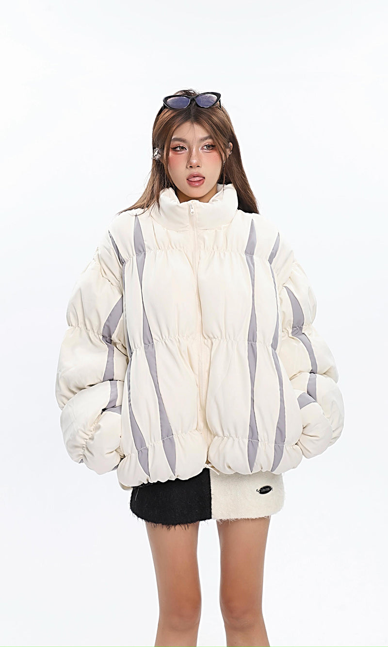 Dulce Contrast Color Patchwork Long Sleeve Zip Up Puffer Jacket