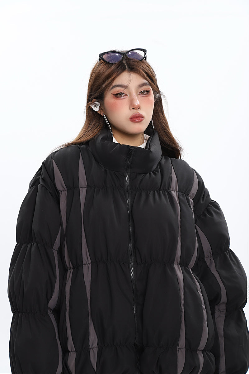 Dulce Contrast Color Patchwork Long Sleeve Zip Up Puffer Jacket