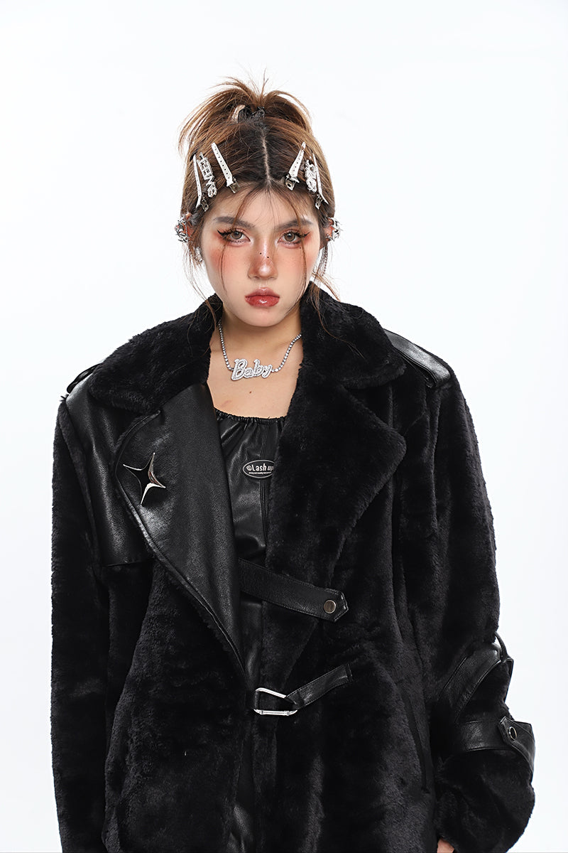 Twinkle Star Solid Color Patchwork Faux Fur Faux Leather Long Sleeve Jacket