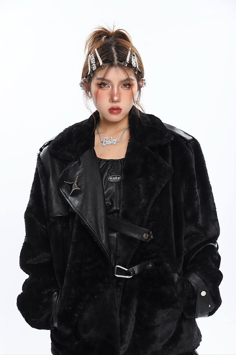 Twinkle Star Solid Color Patchwork Faux Fur Faux Leather Long Sleeve Jacket