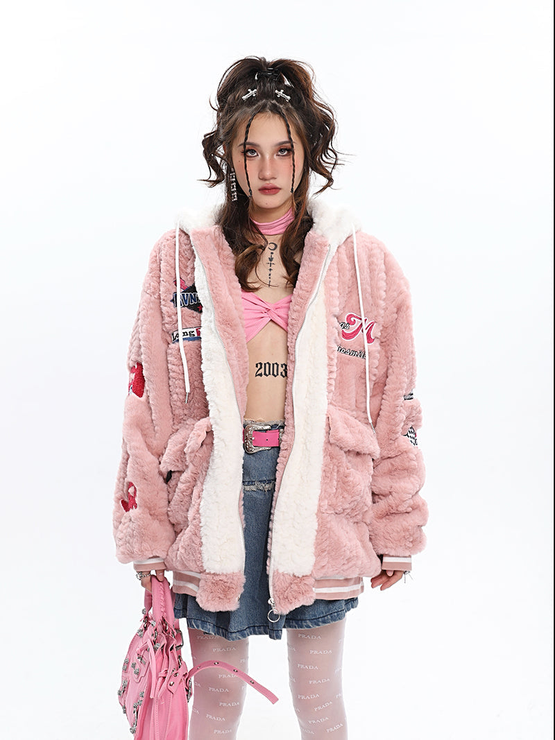 Sandra Letter Embroidery Fluff Long Sleeve Zip Up Jacket