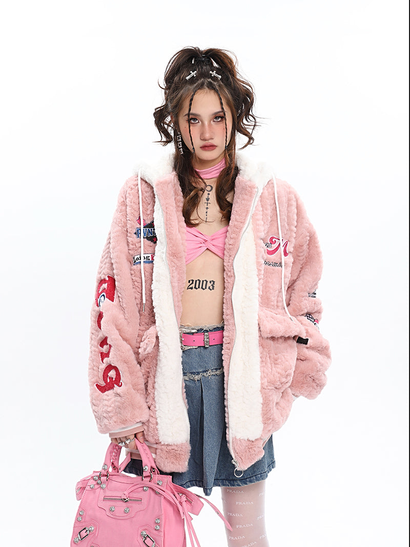 Sandra Letter Embroidery Fluff Long Sleeve Zip Up Jacket