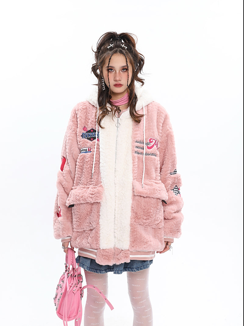 Sandra Letter Embroidery Fluff Long Sleeve Zip Up Jacket