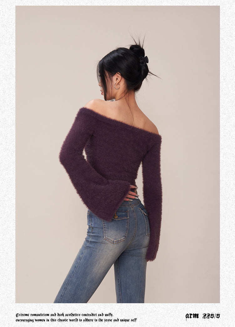 Grape Solid Color Purple Fluff Off The Shoulder Long Flare Sleeve Cropped Sweater Top