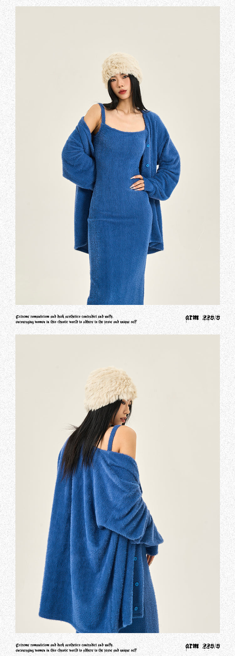 Caroline Solid Color Blue Cardigan Long Slim Spaghetti Strap Dress Set