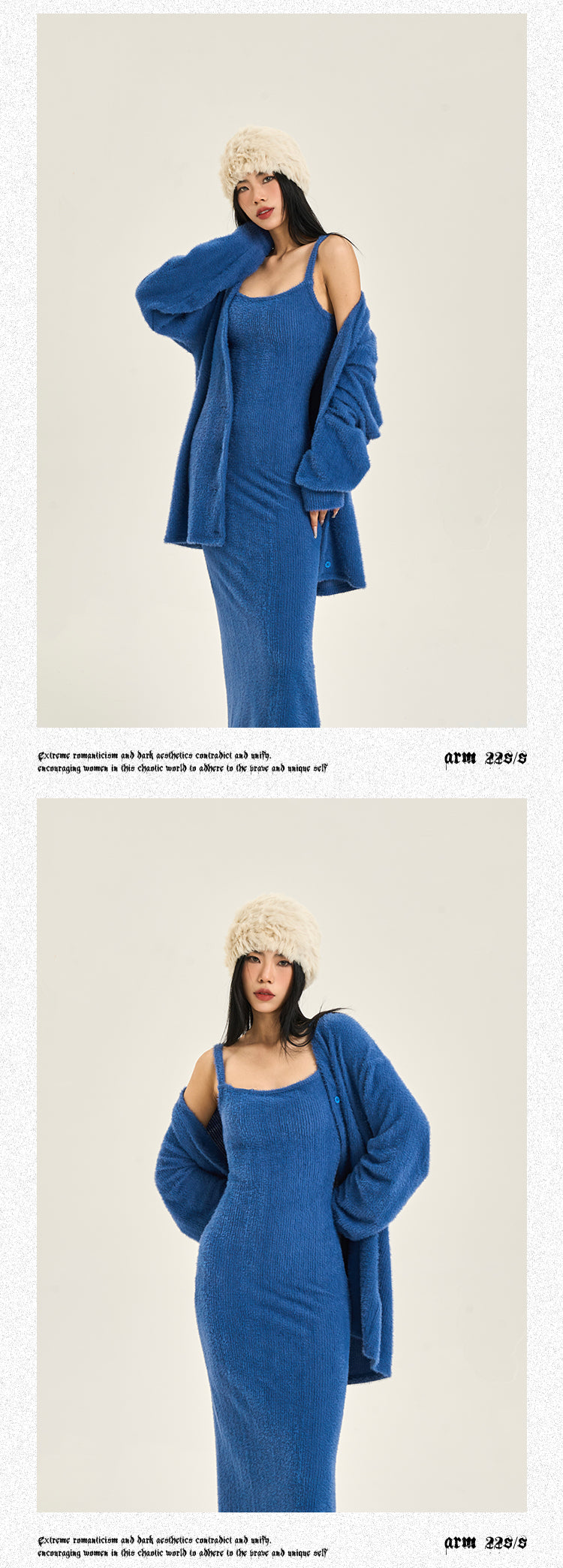 Caroline Solid Color Blue Cardigan Long Slim Spaghetti Strap Dress Set