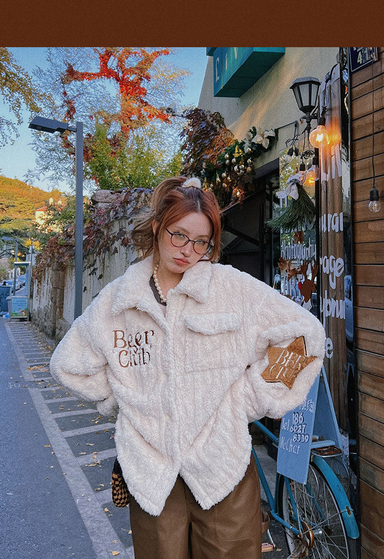 Beer Club Graphic Letter Embroidery Fleece Button Up Long Sleeve Jacket