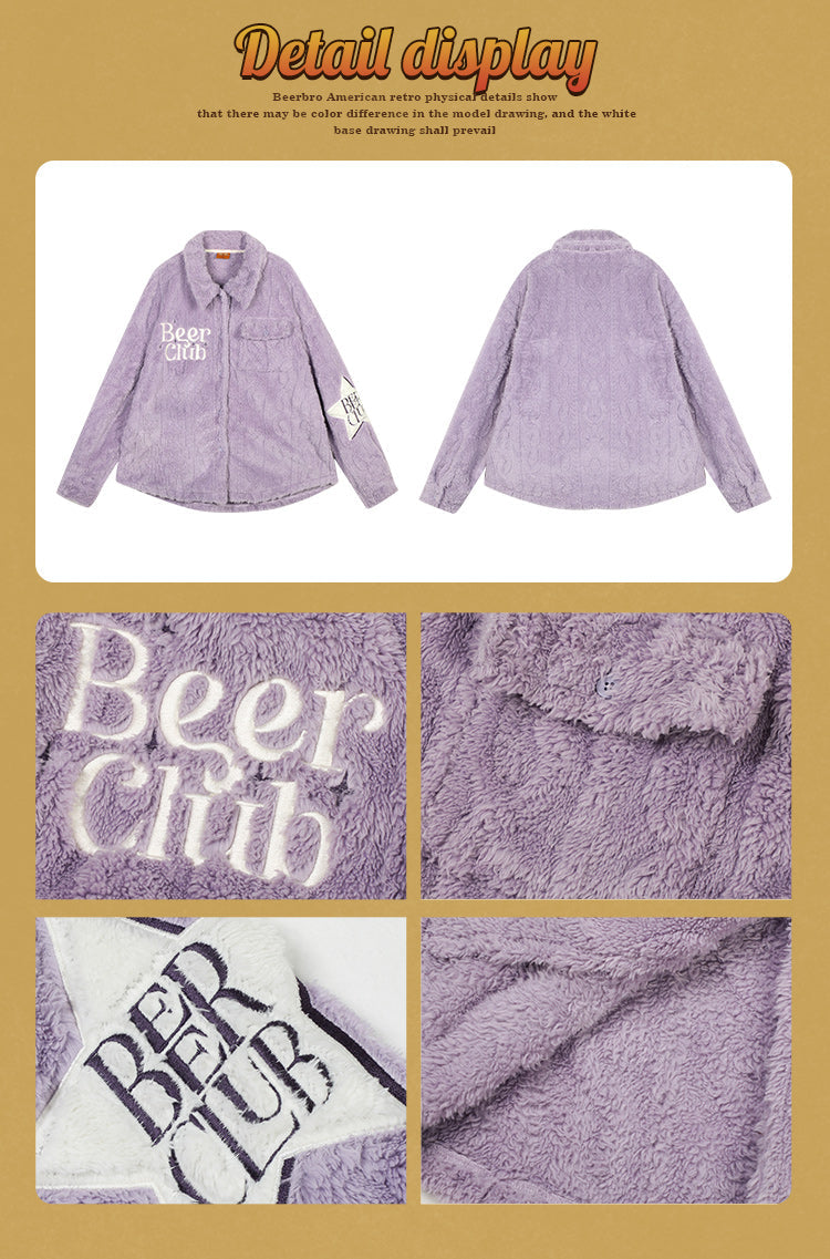 Beer Club Graphic Letter Embroidery Fleece Button Up Long Sleeve Jacket