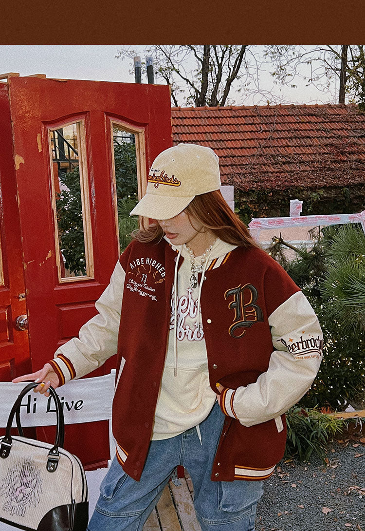 BEERBROCLUB Graphic Image Embroidery Patchwork Long Sleeve Baggy Varsity Jacket