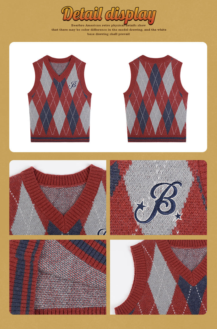 B Argyle V-Neck Sleeveless Sweater