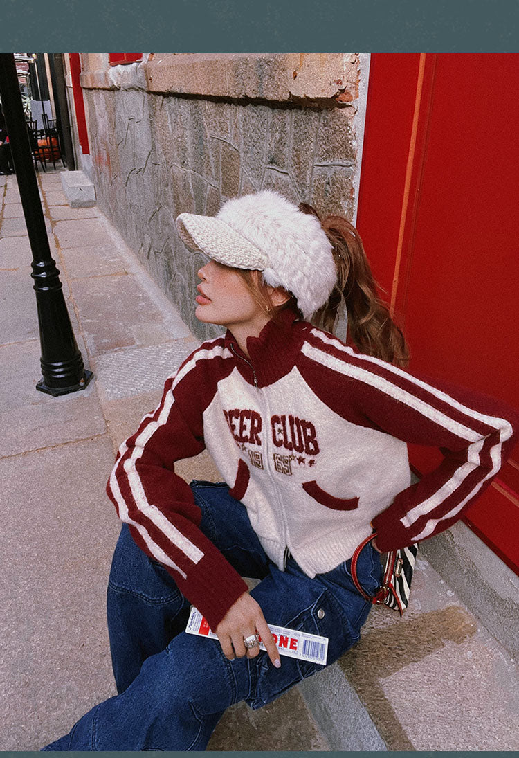 BEER CLUB Letter Embroidery Patchwork Zip Up Long Sleeve Sweater