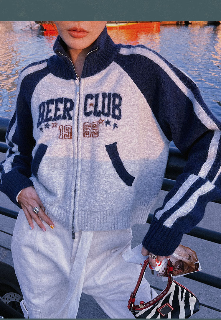 BEER CLUB Letter Embroidery Patchwork Zip Up Long Sleeve Sweater