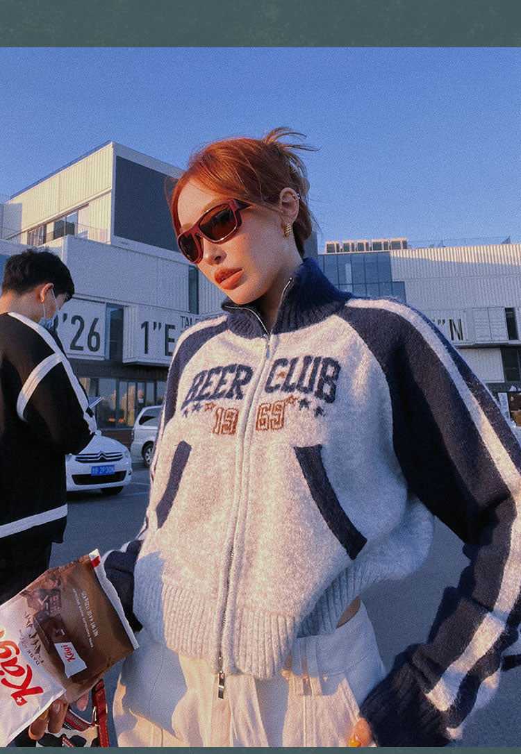 BEER CLUB Letter Embroidery Patchwork Zip Up Long Sleeve Sweater