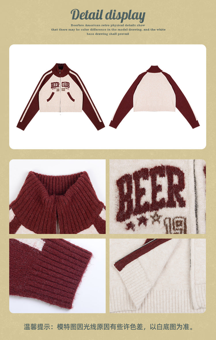 BEER CLUB Letter Embroidery Patchwork Zip Up Long Sleeve Sweater