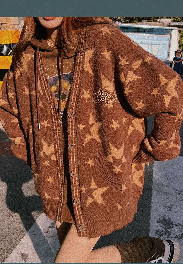 Twinkle Star Graphic Print V-Neck Button Up Long Sleeve Sweater