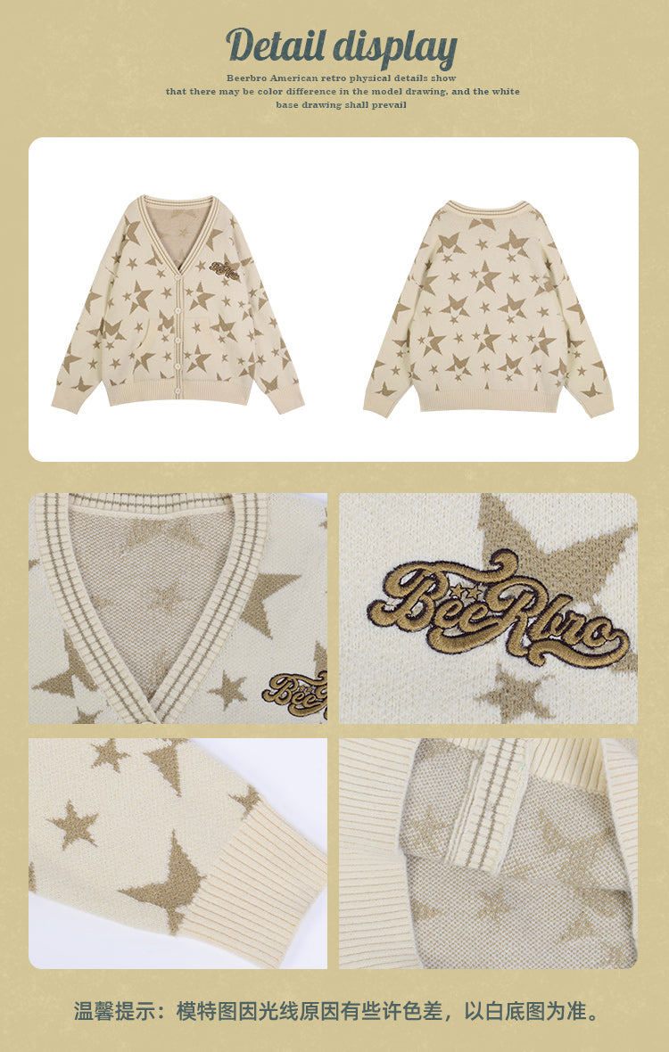 Twinkle Star Graphic Print V-Neck Button Up Long Sleeve Sweater