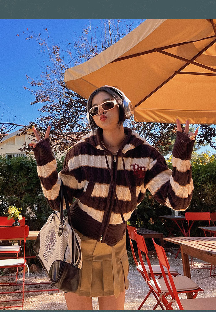 Shayla Stripe Contrast Color Knitted Hooded Zip Up Sweater