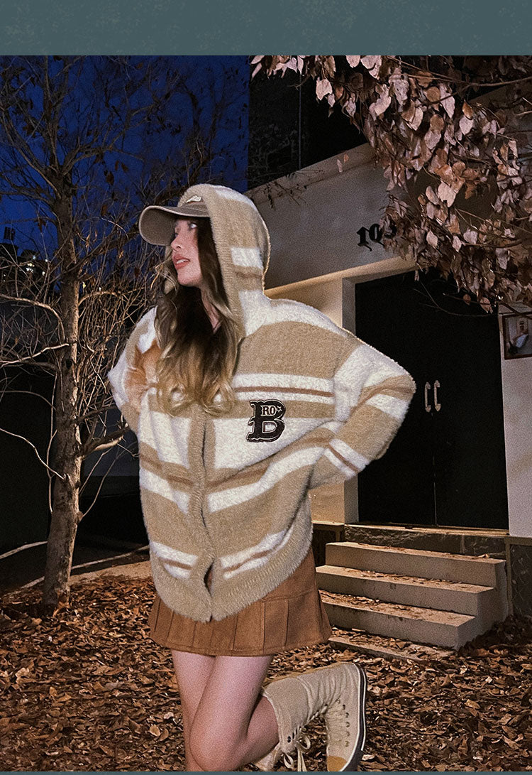 B Letter Embroidery Stripe Long Sleeve Button Up Hooded Sweater