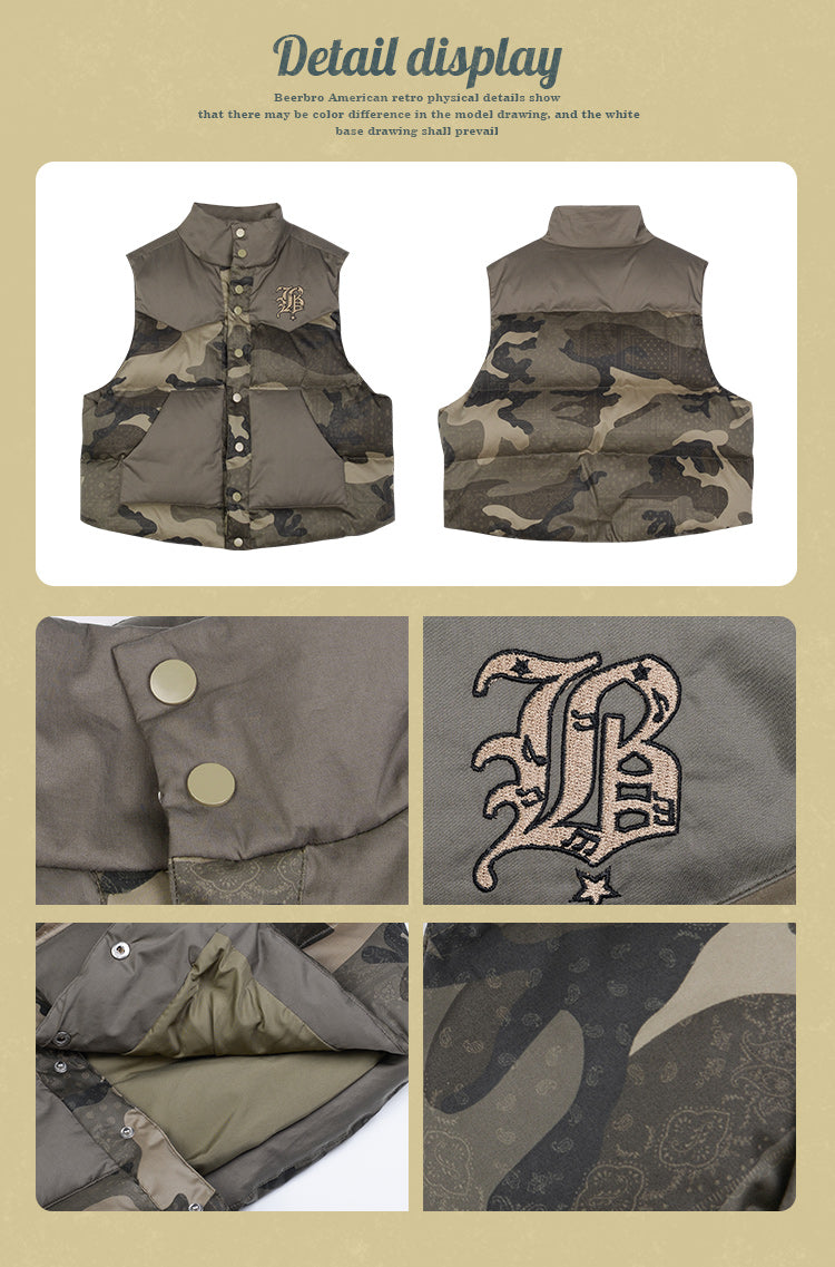 B Letter Embroidery Army Green Camouflage Sleeveless Puffer Jacket