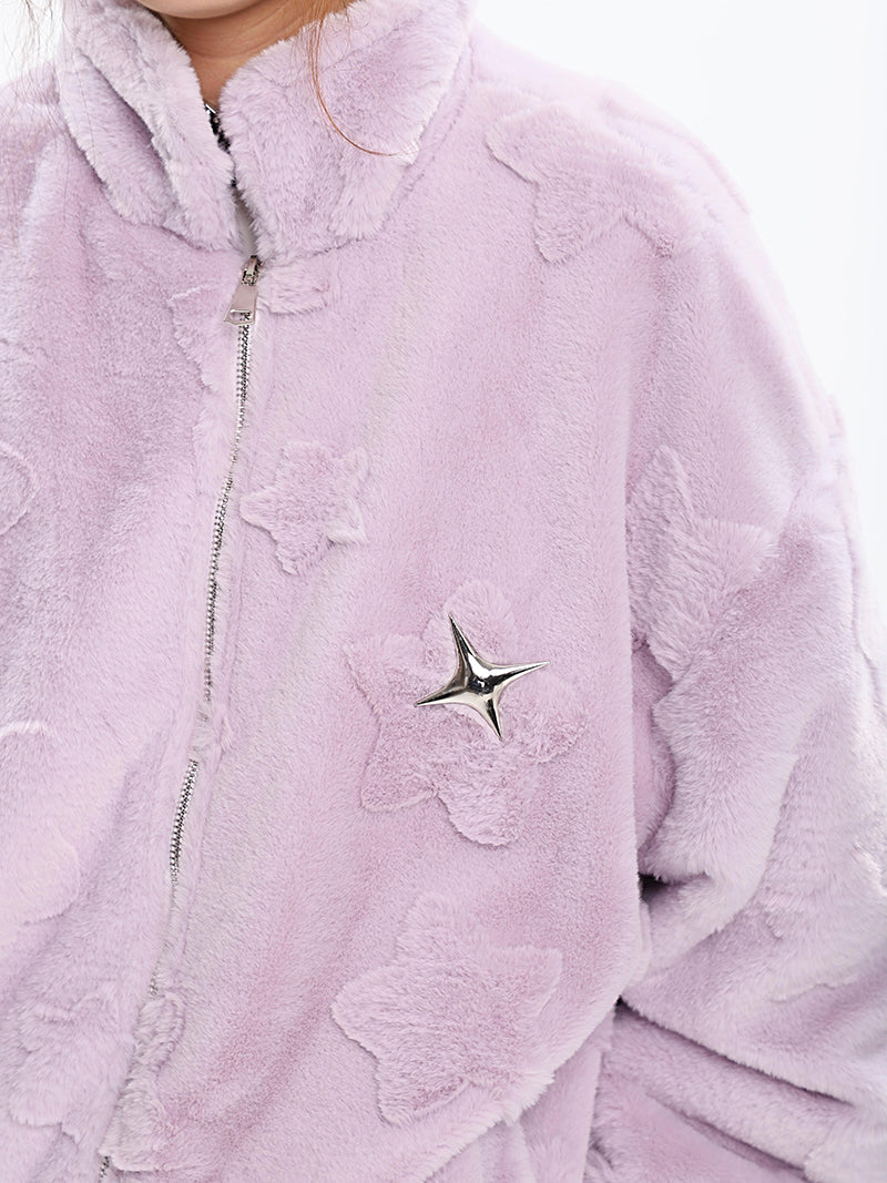 Starfish Patches Solid Color Fleece Long Sleeve Zip Up Jacket