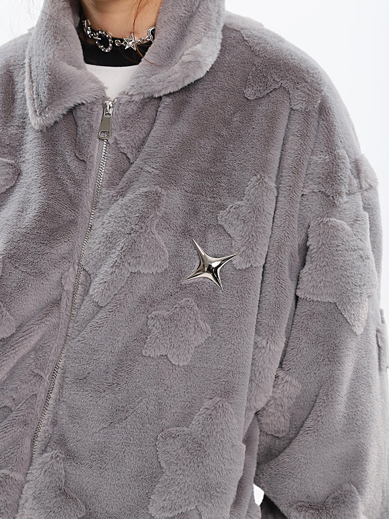 Starfish Patches Solid Color Fleece Long Sleeve Zip Up Jacket